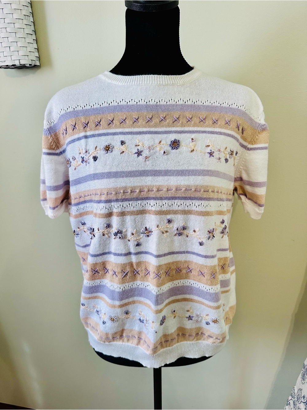 Vintage Embroidered Striped Knit Top in White, Lavender & Tan